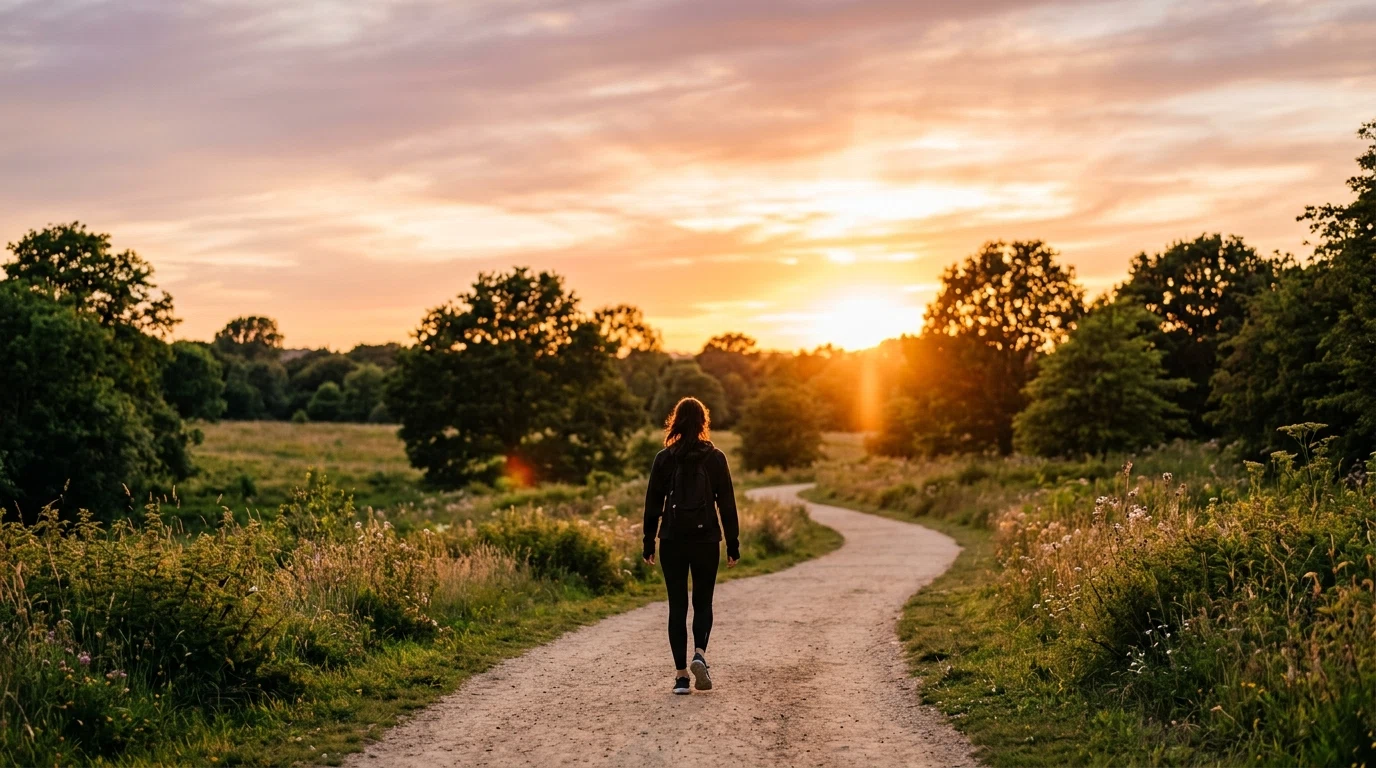 Actieve levensstijl - persoon wandelt in de natuur bij zonsondergang